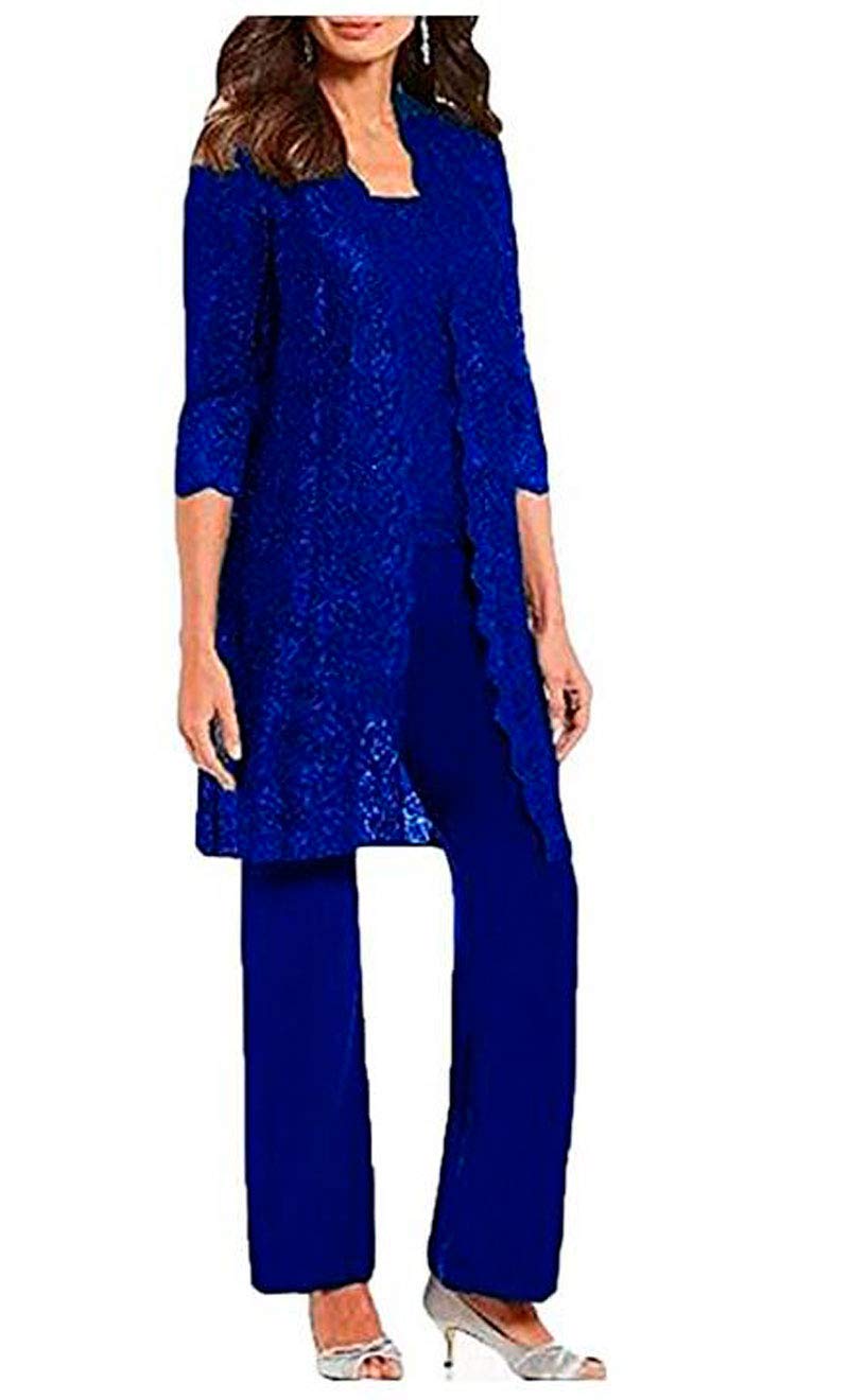 Botong Women's Royal Blue 3 Pc Mother Of The Bride Pants Suit For Wedding Long Lace Jacket Chiffon Outfits For Prom Evening Uk16