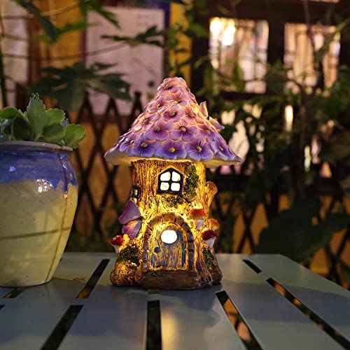 Annastore Fairy Garden House Outdoor Fairies Houses Solar Power Statues Garden Decor Miniature Light Up Figurines Treehouse Lawn Ornaments Yard Decoration Gift Ideas Purple 8" Tall #TOP4