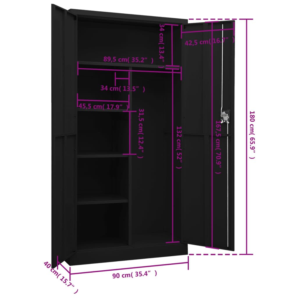 Armario de Metálico Armario Archivador Metálico de Oficina Mueble de Almacenamiento Puerta Seguridad,Estanterías Metálicas-Negro-