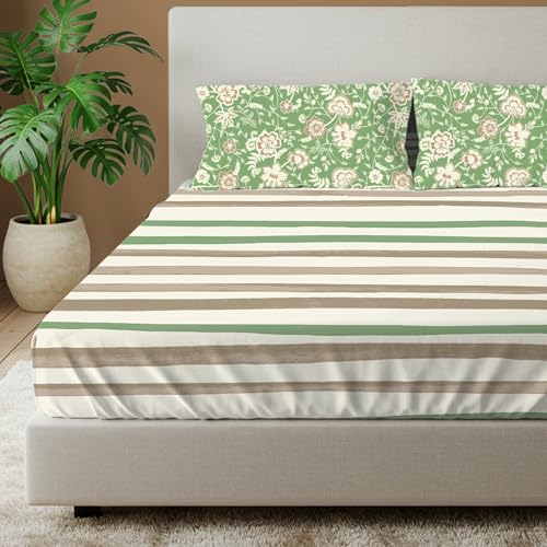 Image of Urban Space 144 TC Divine 100% Cotton Bedsheet for King Bed, Cotton Bedsheet with 2 Pillow Covers (Size 108 x 108 inches, Streak Sage Green, King Size)