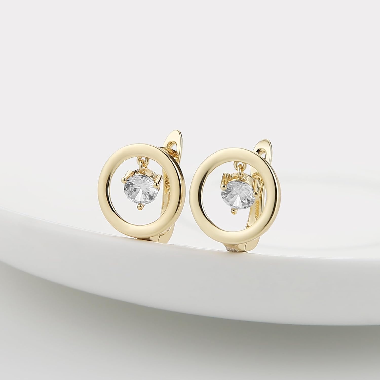 HZMAN 14K Gold Plated Huggie Earrings for Women Triangle/Round Brass Sparkling Artificial Crystal Hoop Earrings - Image 4