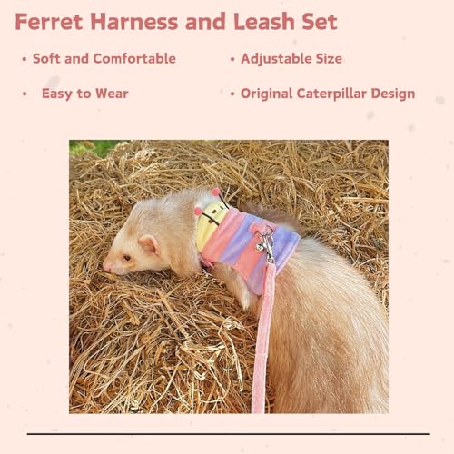 Image of Ferret Harness and Leash Set - Small Animal Soft Fleece Vest with Safe Bell Halloween Outfit Adjustable Traction Rope Outdoor Walking Training Leash for Ferret Rat Bearded Dragon Kitten (Pink)