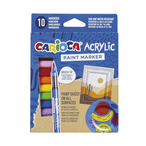 CARIOCA Rotulador Acrílicos | Caja de 10 rotuladores permanentes | Punta Pincel | Apto para todas las superficies y alta opacidad | Base de Agua | 10 colores