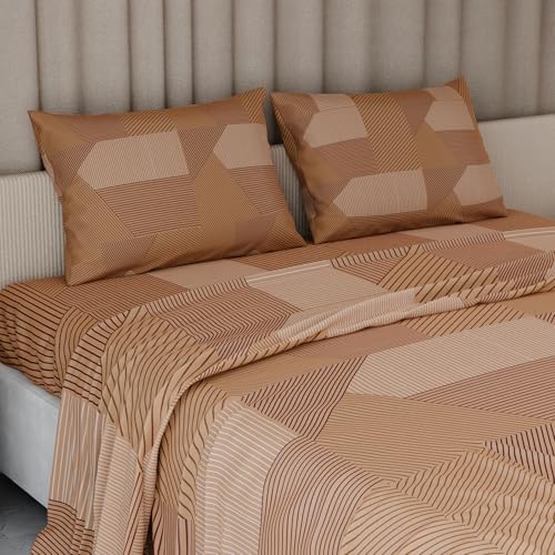 Image of BLISSHOME Everlast 150TC King Size Printed Bedsheet with 2 Pillow Covers for Double Bed, Aesthetic Bedding, Wrinkle Resistant, 100+ Wash Durable, Quick Dry, Geometric Pattern - Gold (228cm x 274cm)