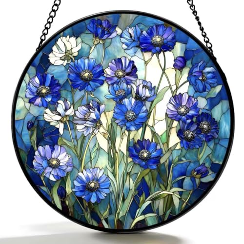 Argodaze Stained Glass Window Hanging - Blue Floral Pattern 7.8 Inches Suncatcher for Garden Home Decor for Women Mon Grandma Friends