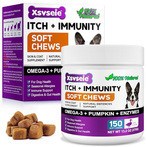 Dog Allergy Relief Treats, Alivio de la alergia en perros, Masticable para fortalecer el sistema inmunitario, Elimina la picazón, el lamido y el rascado, Alergias estacionales, 150 unidades/Pato