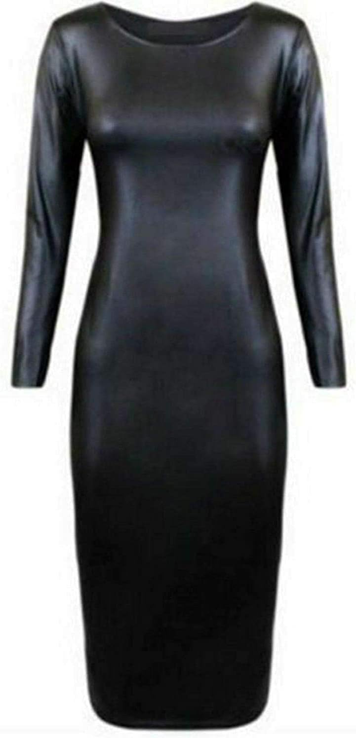 Robe Similicuir Moulante Femme - Manches Courtes, Effet Mouillé, Tissu Élastique (95% Polyester, 5% Élasthanne)