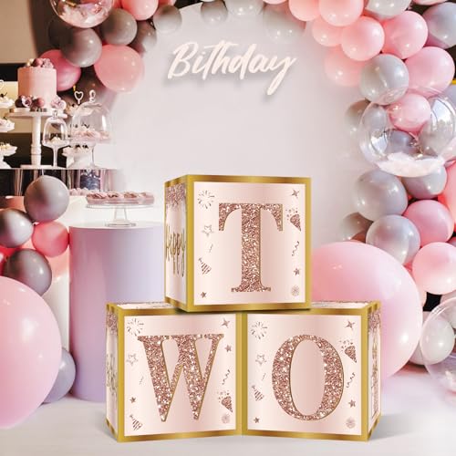 Image of Guiruiy 3Pcs 2nd Birthday Boxes Decorations for Girls - Pink Rose Gold Two Sweet Birthday Balloon Boxes Party Supplies, Two Years Old Girl Bday Theme Cardboard Gift Box Decor