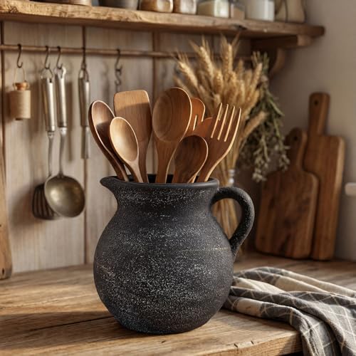 Potchen Rustic Kitchen Utensil Holder with Handle,7 Inch Ceramic Vintage