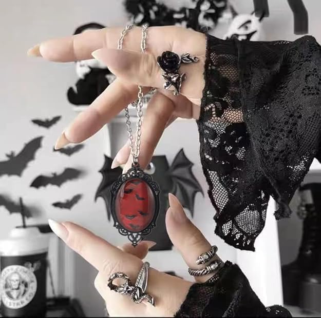 YWMAN Gothic Vampire Bat Earrings Necklace Set - Vintage Red Drop Earrings Blood Pendant - Mystic Witch Jewelry Gifts Halloween Costume for Women (VS1) - Image 5