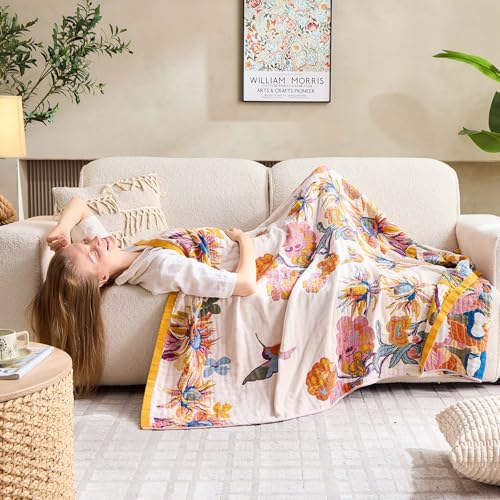 Boho Throw Blanket, 100% Cotton Ultra Soft Luxury Throw Rustic Quilt, 50"x60" Floral Bird Butterfly Farmhouse Decor Bed Blankets, All Season Rustic Reversible Bohemian Throw for Bed - Yellow - Image 5