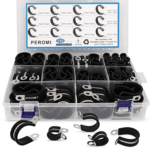 Peromi 140Pcs 304 Stainless Steel Cable Clamps Assortment Kit, Rubber Cushioned Insulated Clamp, Loop Clamps, Pipe Clamps In 14 Sizes 1/4" 3/4" 3/8" 5/8" 7/8" 1/2" 1" #TOP14