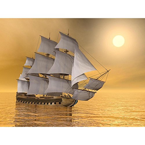 Pitaara Box Old Merchant Ship Floating On Quiet Water Sunset | Canvas Painting for Bedroom & Living Room | Engineered Wood Frame | 18.7 x 14 inch (47 x 36 cms)