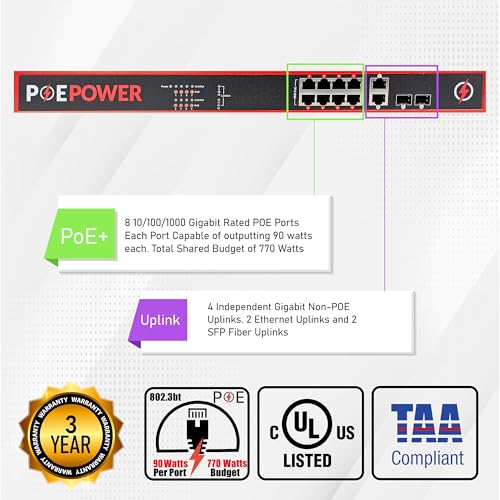 Image of 8 Port Unmanaged 802.3bt POE++ Extreme Power Gigabit POE Switch, Full 90 Watts on Each Port, 770 Total Watts Budget, 4 Additional Ethernet & SFP Uplinks, 10 /100 /1000, UL Listed TAA Compliant