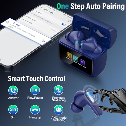 Image of Wireless Earbuds with Touch Screen, Bluetooth 5.4 Headphones, ANC /ENC Noise Cancelling, 48H HiFi Stereo Bluetooth Ear Buds with 5 EQ Modes, Transparency Mode, IPX7 Earphones, Blue