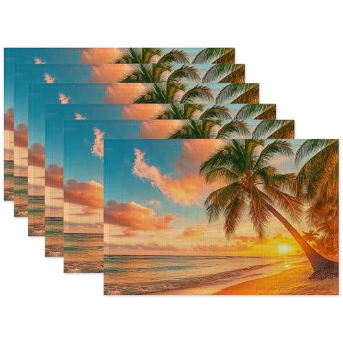Beach Palm Tree Placemats Set of 6,Sunset Washable Kitchen Dining Linen Table Mats for Home Party Dinner Indoor Outdoor 12x18Inch