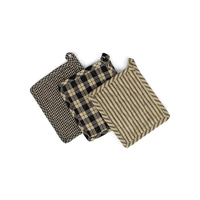 Rustic Covenant Woven Cotton Farmhouse Pot Holders, Set of 3, 7 inches x 8 inches, Navy Blue/Natural Tan