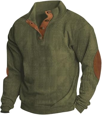 Mens Button Vintage Sweatshirt Leisure Long Sleeve Stand Collar Loose Fit Pullover Classic Solid Color Shirts Fall Winter