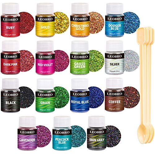 Holographic Fine Glitter for Slime, LEOBRO 15 Colors Resin Glitter with 10 PCS Stir Spoons, Cosmetic Nail Glitter, Craft Glitter for Resin Slime Nail Body Face Eyeshadow Lip Gloss Making
