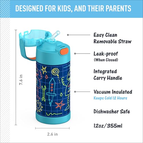 Image of THERMOS FUNTAINER Water Bottle with Straw - 12 Ounce - Kids Stainless Steel Vacuum Insulated Water Bottle with Lid, Robot Doodles