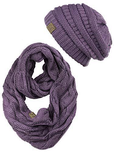C.c Unisex Soft Stretch Chunky Cable Knit Beanie And Infinity Loop Scarf Set, Violet #TOP2