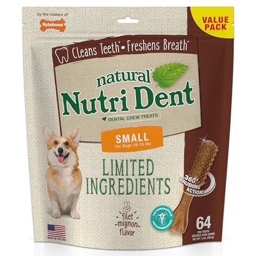 Image of Nylabone Nutri Dent Dog Dental Chews - Natural Dog Teeth Cleaning & Breath Freshener - Dental Treats for Dogs - Filet Mignon Flavor, Small (64 Count) | Natural dental chews for dogs, helps clean teeth & freshen breath, made in USA, vet recommended, for dogs 10-15 lbs