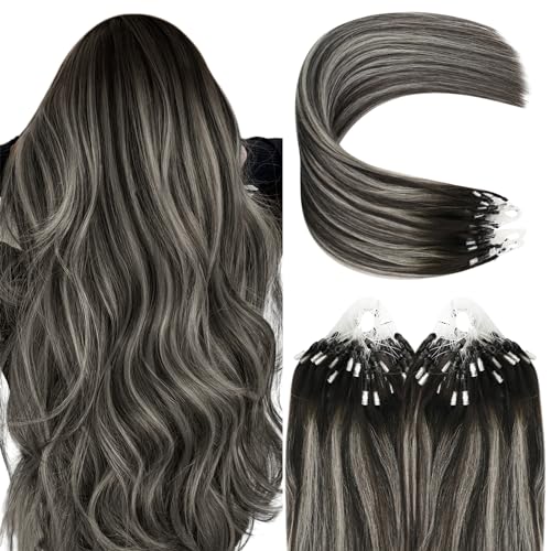 YoungSee Micro Loop Hair Extensions Black 18 inch Remy Micro Beads Hair Extensions Ombre Black to Silver Microrings Hair Extension Silver for Role Playing Cold Fusion 50s/50g