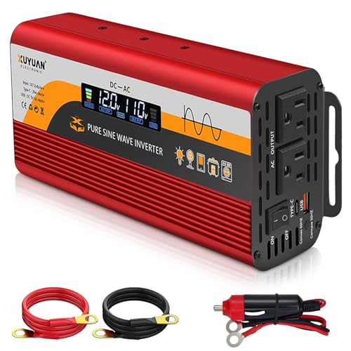 1000W Pure Sine Wave Inverter, 12V/24V Auto-Detect, 50Hz/60Hz Switchable, LCD Display, Type-C Fast...
