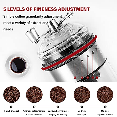 Moongiantgo Kaffeemühle Manuell Kompakt und mühelos, Edelstahl & Glas, 5 Präzisen Stufen Einstellbar Keramischer… – Bild 5