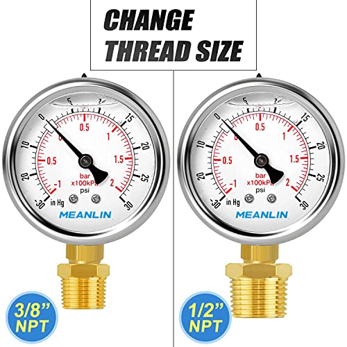Image of MEANLIN MEASURE -30inHG~30Psi Stainless Steel 1 /4 inch NPT 2.5 inch FACE DIAL Vacuum Pressure Gauge, Lower Mount (Pack of 2), with 1 /2 inch NPT and 3 /8 inch NPT Hex Bushing