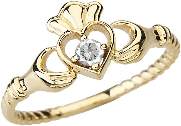 Dainty 10k Yellow Gold Open Heart Solitaire Diamond Rope Claddagh Promise Ring (Size 8.5)