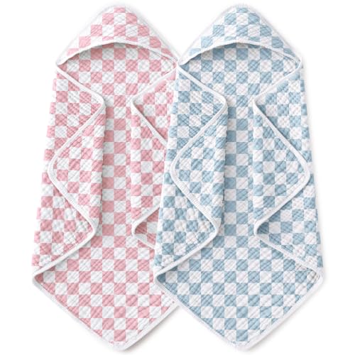 Image of Yoofoss Hooded Baby Towels for Newborn 2 Pack 100% Muslin Organic Cotton Baby Bath Towel with Hood for Babies, Infant, Toddler and Kids, 32x32Inch, Soft and Absorbent, Pink Blue Checkered