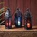 Lights4fun, Inc. Trio of Black Metal Moroccan Indoor Battery Operated LED Flameless Candle Lanterns with Colored Glass