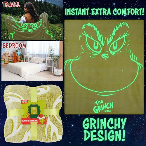 Image of The Grinch Glow in the Dark Throw Blanket 51x59 inch for Kids Teens Adults, Soft Fleece Blanket for Sofa Bed, Cozy Warm Gifts for Kids (Green Grinch)