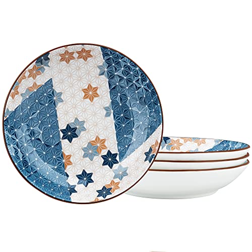 Fanquare 8" Salad Plates, Blue Deep Plates, Pasta Bowls Set Of 4, Porcelain Appetizer Plates, Microwave Safe Plates, Geometric Pattern #TOP8