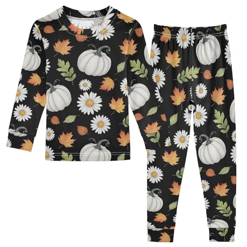 Pajama Sets Long Sleeve White Pumpkin Floral Leaves Soft Comfy Sleepwear 2 Piece PJS 3-8T