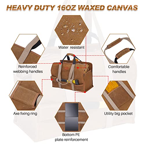 2-in-1 Waxed Canvas Firewood Log Carrier Extra Large Storage Tote Bag for Fire Pit Outdoor Camping, BBQ Barbecue, Wood Carrying Bag with Double Straps for Reinforce, Fireplace Wood Stove Accessories. - Thumbnail 4