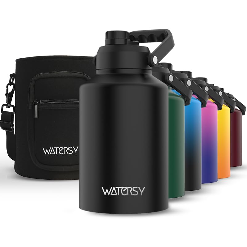 Comparison: Best Water Jug For Work 6 WATERSY 1 Gallon Water Bottle Insulated(Cold for 48 Hrs),BPA Free&Leak Proof,128oz Stainless Steel Water Jug with Handle for Gym,Hiking,Camping&Travel,Black Large Thermo
