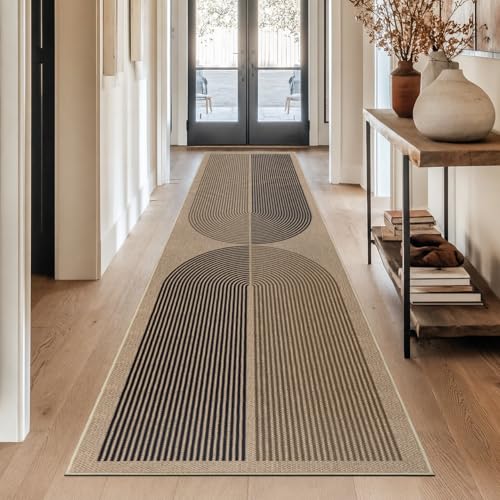 Capslpad Tapis de couloir 80 x 300 cm avec aspect jute, tapis de cuisine, lavable naturellement, tapis noir et marron, antidérapant, pour couloir, cuisine,...