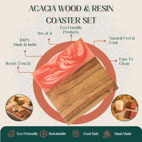 Image of Ireka Home Blush Tide Coaster Acacia Wood and a Dreamy Blush Pink Resin Coaster Pack of 4 |10x10cm | Hand Wash | Modern Tabletop Essentials