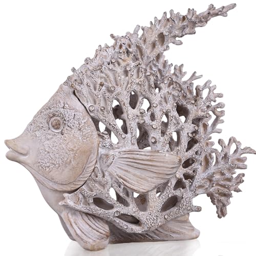 UANYEMON 7.28'' Ocean Coral Fish Sculpture - Resin Coastal Fish Figurine with Coral Backdrop, Ocean Blue & Sandy Beige Finish - Nautical Tabletop Accent for Living Room, Beach House & Bathroom Decor
