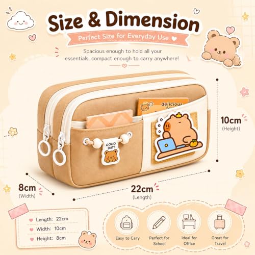 Image of Kawaii Cute Aesthetic Pencil Case 3 Layer 6 Compartment Large Capacity for Students | Pencil Pouch with Zipper | Cartoon Stationery Organizer Bag for Kids, Pencil Case for Girls & Boys (Brown)