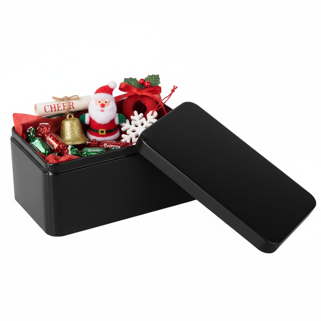 Housoutil Tinplate Box Empty Tin Box with Lid, Metal Tin Can Rectangular Storage Container for Tea, Treats, Candle, Favors and Crafts (Black) Tea Organizer