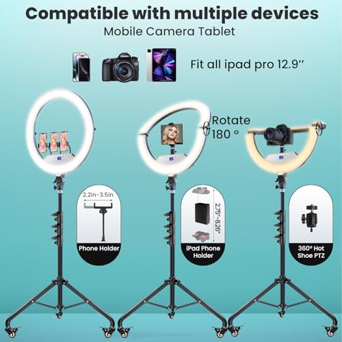 Image of MACTREM 22 inch Foldable Ring Light with Stand for iPhone ipad, 75 inch Tripod with Wheels 50W 6500K LED Display /2 USB Ports Large Ringlight Rolling, Tattoo Barber Makeup Studio Video Photography Lighting