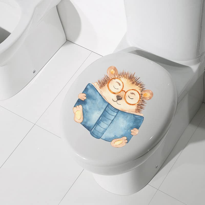 Cartoon Hedgehog Book Toilet Cover Sticker Decals,Glasses Flower Leaf Waterproof Toilet Lid Tank Seat Decals Cistern Self-Adhesive Bathroom Wall Sticker