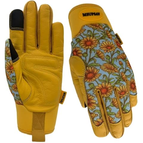 MSUPSAV Thorn Proof Gardening Gloves for Gardening,Garden Gloves for Women,Cowhide Leather Working Gloves,Birthday Gifts for Women,Daisy,Small Cover