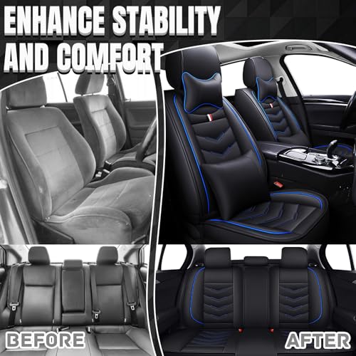 Image of Car Seat Covers Fit for GMC Terrain 2010-2026, Leather Seat Covers for Car, Waterproof Non-Slip Durable Car Seat Protector(5 Seats with Pillow,Black Blue)