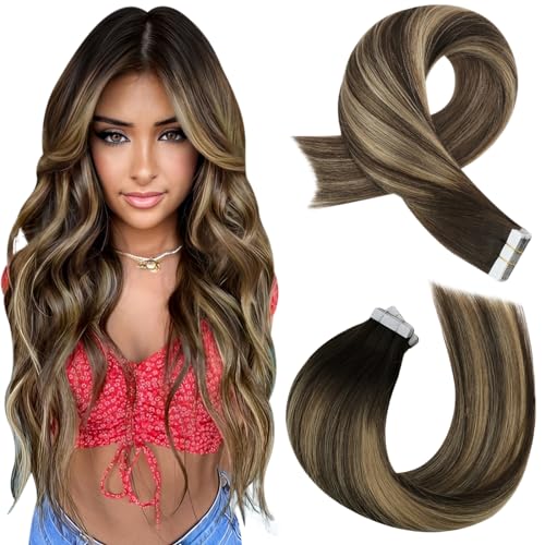 Moresoo Tape in Hair Extensions Human Hair 22 Inch Highlight Dark Brown with Caramel Blonde Real Hair Extensions Tape in Remy Straight Hair Lightweight All Day 20 Pieces/50g #4/27/4