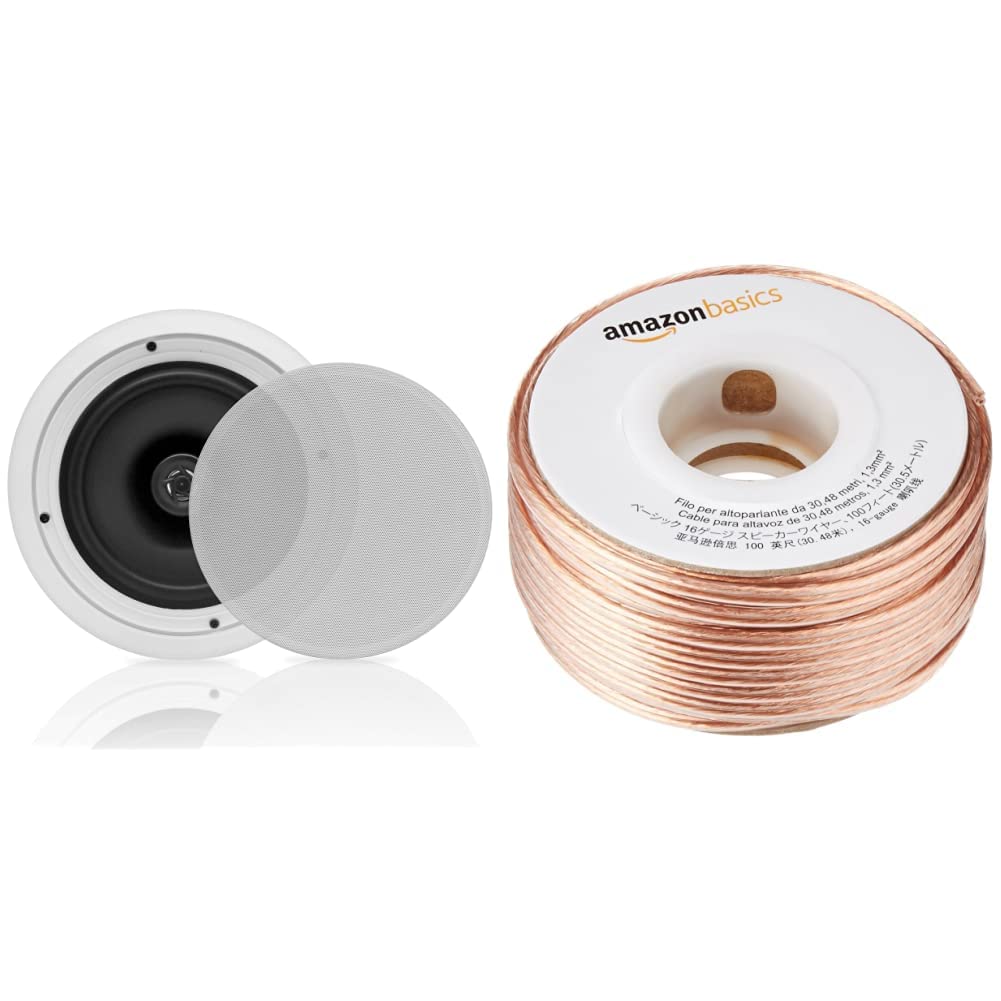 PYLE PDIC81RD Sound Ceiling Mount Speakers, White & Amazon Basics 100ft Speaker Wire Cable