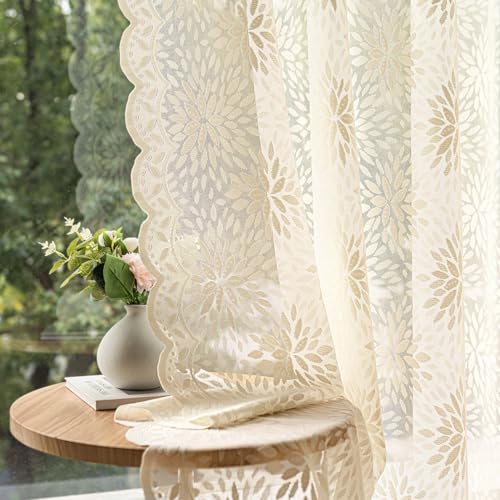 Image of MIULEE Vintage Floral Scalloped Lace Curtains 2 Panels, Cream 52 inch W x 84 inch L | Victorian Decorative Design, Semi Sheer Curtains, Light Filtering Rod Pocket Panels Decor for Bedroom Living Room